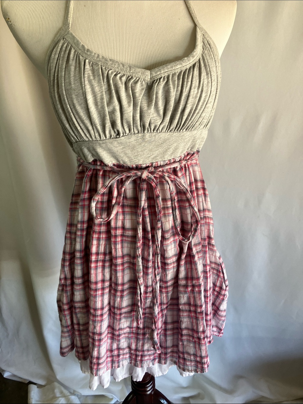 Gray and Pink Plaid Mini Dress with Tie Waist